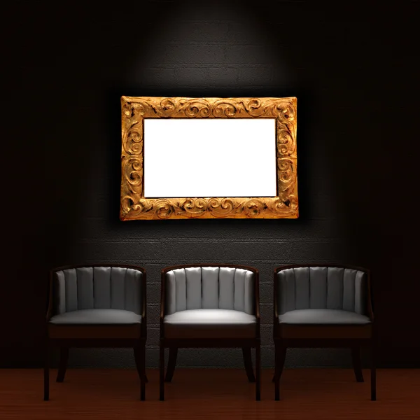 Three chair with empty frame in dark minimalist interior — Stock Photo, Image
