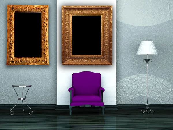 Lila stol med bordet, stå lampa och bild ramar i modern interiör — Stockfoto