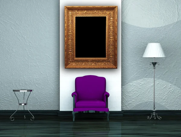 Fioletowy fotel z tabeli, stoją lampy i obraz ramki w nowoczesnym wnętrzu — Zdjęcie stockowe