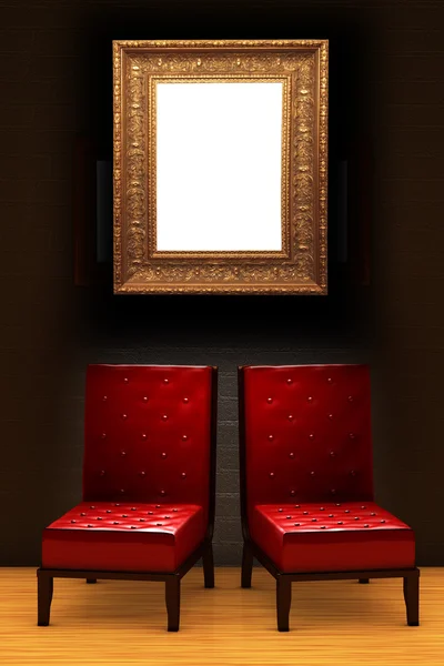 Dos sillas rojas con marco vacío en interior minimalista —  Fotos de Stock