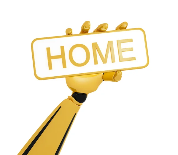 Altın robot el bir plaka ile kelime "ev tutun". — Stok fotoğraf