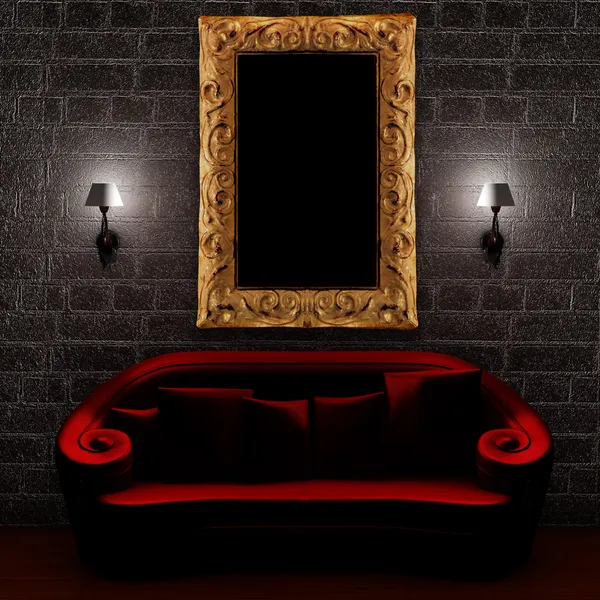 Czerwona kanapa z pustą ramkę i kinkiety w minimalistycznym wnętrzu — Zdjęcie stockowe