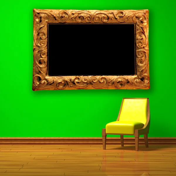 Жовтий стілець з сучасною рамкою для картини в зеленому мінімалістичному інтер'єрі — стокове фото