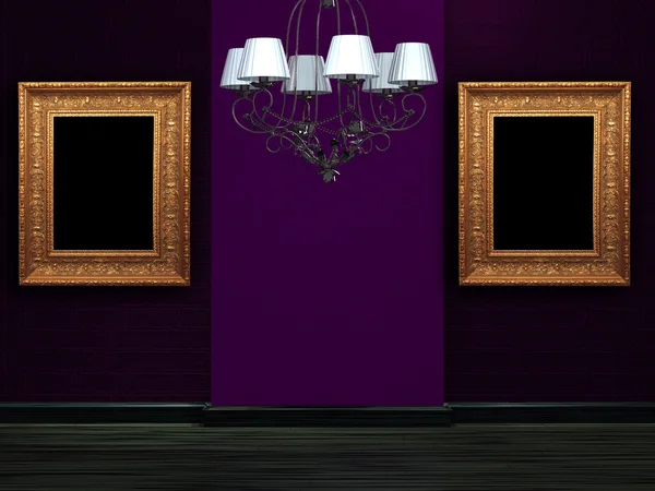 Empty wall with luxury chandelier and picture frames — Stock Photo, Image