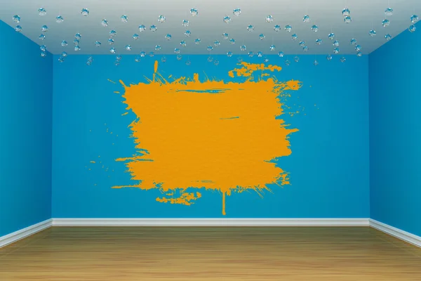壁にオレンジ色のスプラッシュと青い空の部屋 — ストック写真