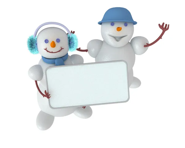 Två söta snowmans som hålla tomt tecken — Stockfoto