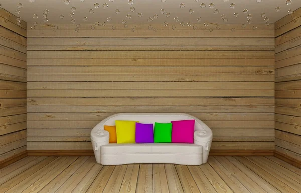Drewniany pokój z białej kanapie z kolorowe poduszki — Zdjęcie stockowe