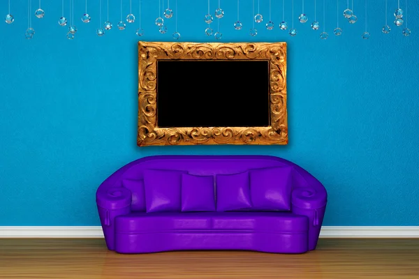 Purple sofa with picture frame in blue interior — Stock Photo, Image