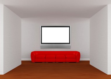 Gallery's hall with red sofa and lcd TV clipart