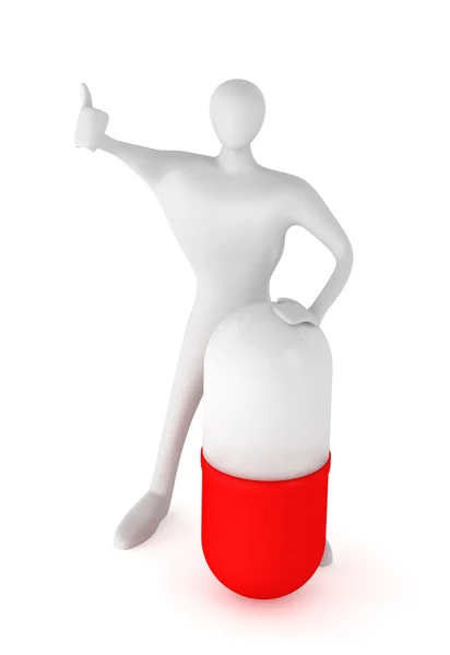3d pessoa com uma pílula e polegar para cima — Fotografia de Stock