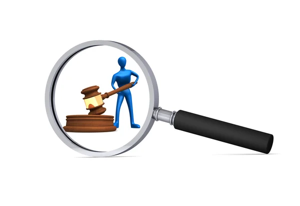 3d man with judicial gavel in the magnifier — Stock Photo, Image
