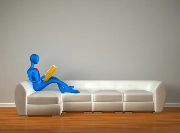 3D muž čtení knihy v moderním interiéru — Stock fotografie