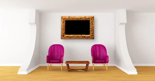 Hall de la galerie avec chaises luxueuses et table en bois — Photo