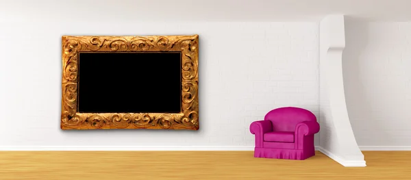 Fioletowy fotel z nowoczesne ramki w nowoczesnym minimalistycznym wnętrzu — Zdjęcie stockowe