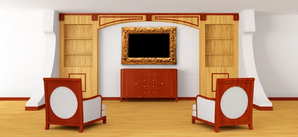 Luxe stoelen en bureau met boekenkast in modern interieur — Stockfoto