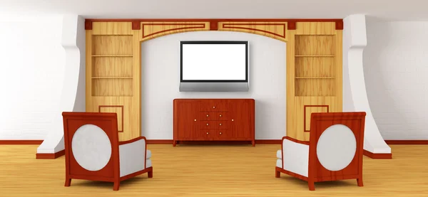 Cadeiras de luxo e escritório com estante no interior moderno — Fotografia de Stock