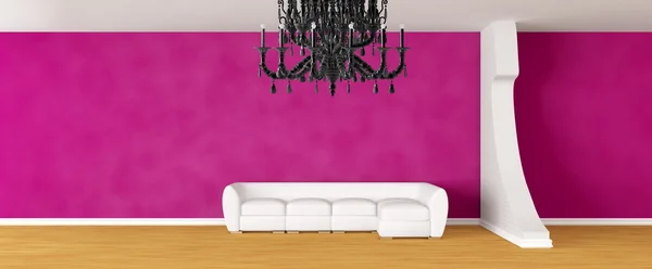 Purple gallery's hall with white sofa and glass chandelier — Stock Photo, Image