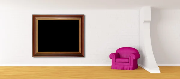 Poltrona roxo com moldura de imagem no interior minimalista moderno — Fotografia de Stock