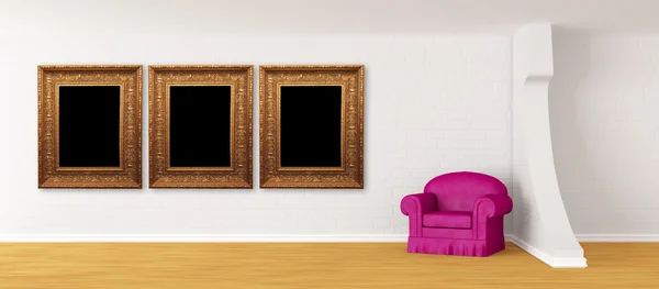 Modern minimalist iç resim çerçeveleri ile mor koltuk — Stok fotoğraf