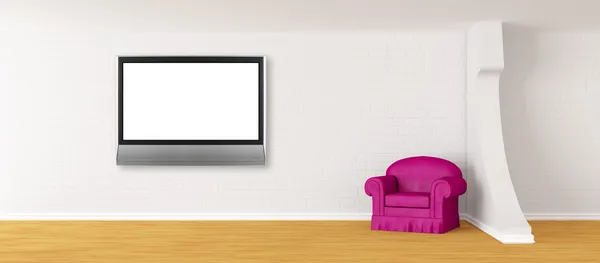 Sillón púrpura con TV lcd en interior minimalista moderno —  Fotos de Stock