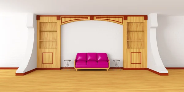 Boekenkast met paarse Bank en metalen tafels in moderne interio — Stockfoto