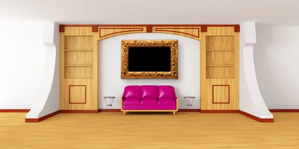 Bücherregal mit lila Sofa und Metalltischen in modernem Interieur — Stockfoto