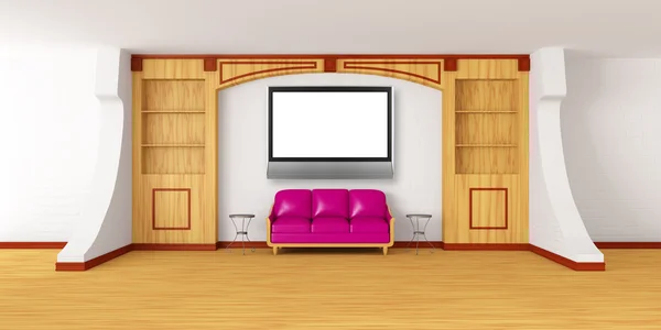 Librería con sofá púrpura, mesas metálicas y tv lcd en el interior moderno —  Fotos de Stock