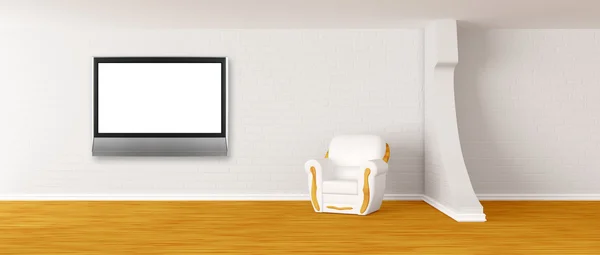 Fotel z lcd tv w nowoczesnym minimalistycznym wnętrzu — Zdjęcie stockowe