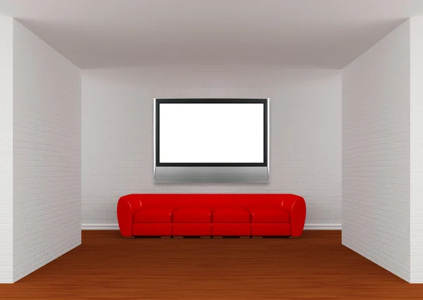 Зала галереї з червоним диваном і РК-телевізором — стокове фото
