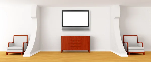 Hall da Galeria com cadeiras, escritório e TV LCD — Fotografia de Stock