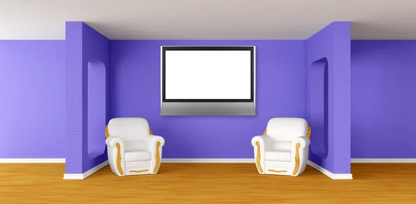 Moderne ruimte met luxe fauteuils en LCD-tv — Stockfoto