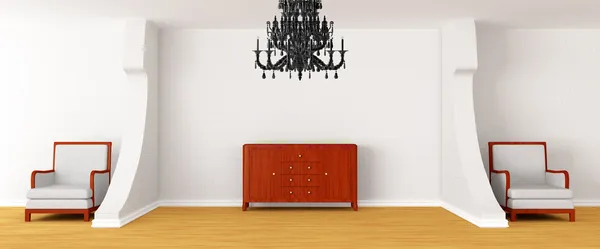 De galerij hal met stoelen, bureau en zwarte kroonluchter — Stockfoto