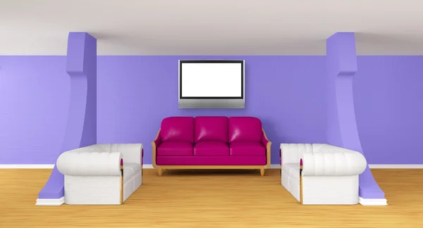 Galeria com sofás luxuosos com tv lcd — Fotografia de Stock