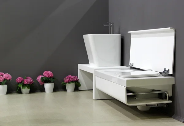 Salle de bain moderne avec murs sombres et équipement blanc — Photo