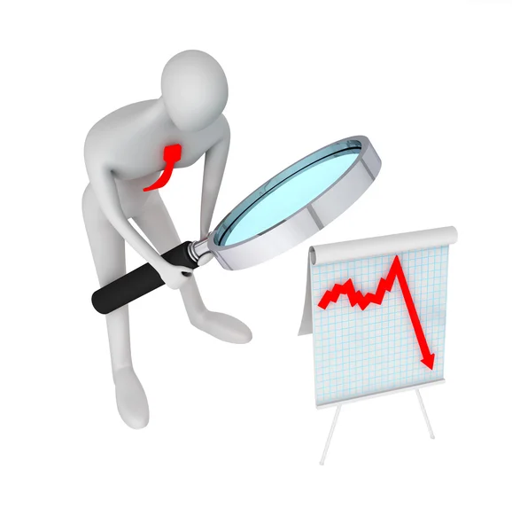Zakenman met een vergrootglas en diagram van crisis — Stockfoto