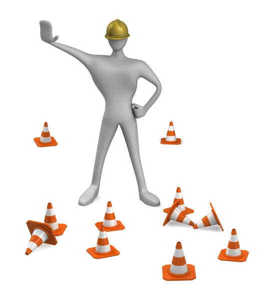 Trabalhador de construção 3d com cones de tráfego — Fotografia de Stock