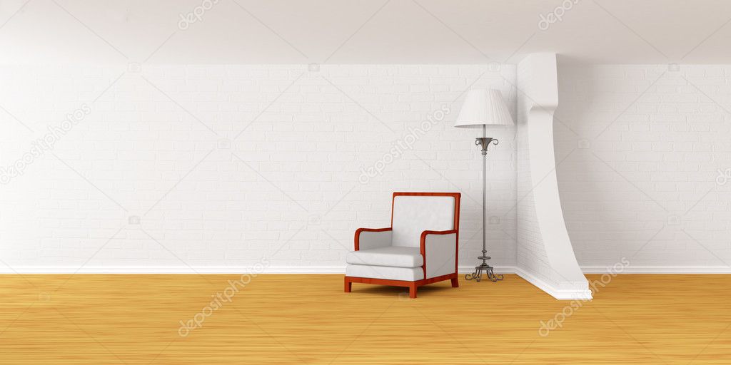 White armchair with luxurious lamp in modern minimalist interior
