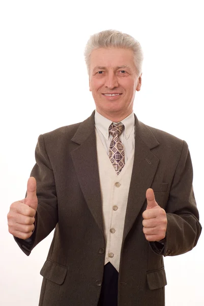 Człowiek biznesu gestykulacji kciuki do góry na białym tle na biały — Zdjęcie stockowe