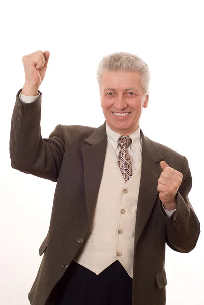手势竖起大拇指向上快乐高级商务男人肖像是 — 图库照片