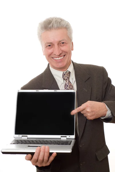 Człowiek posiadający laptopa z pustego ekranu, gdzie można napisać swoje — Zdjęcie stockowe