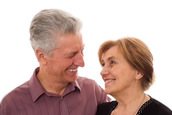 Oudere vrouw en manstaring bij elkaar en lachen — Stockfoto