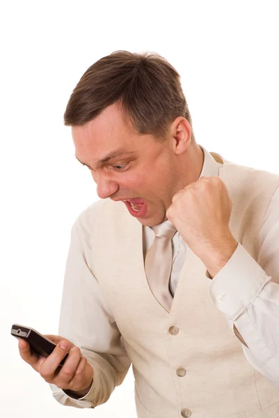 Людина розмовляє по телефону на білому — стокове фото