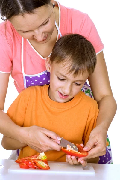 Mother and son prepares — Stock Photo, Image