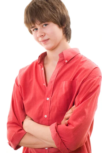 Beautiful teenager in a red shirt — Stock Photo, Image