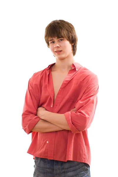 Beautiful teenager in a red shirt — Stock Photo, Image