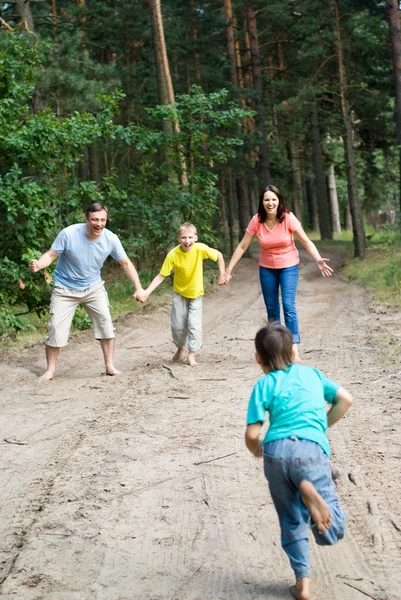 Vierköpfige Familie zu Fuß — Stockfoto