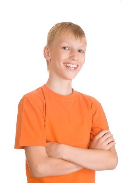 Lindo menino na laranja — Fotografia de Stock