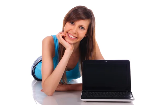 Vrouw met laptop Stockfoto