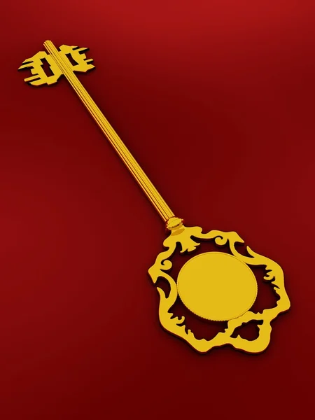Золотой антикварный ключ на красном фоне — стоковое фото