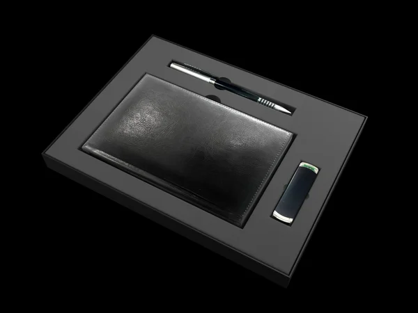 Czarne pudełko z notatnik, długopis i dysk flash — Zdjęcie stockowe